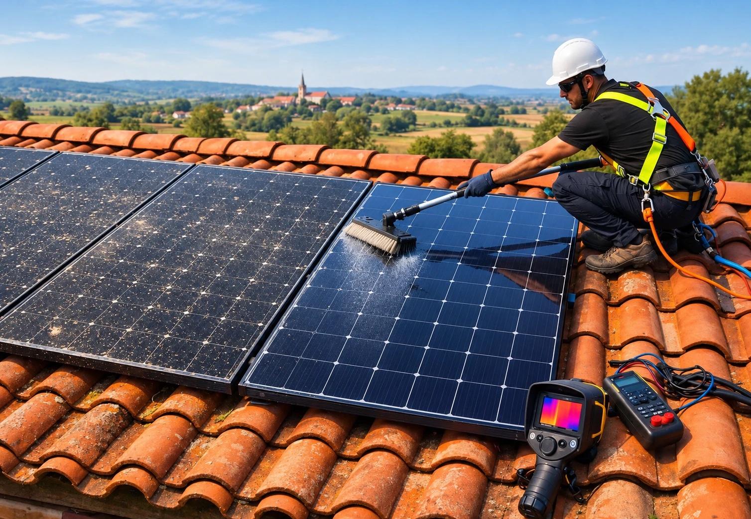 Technicien équipé d'un harnais nettoyant des panneaux solaires à la brosse sur une toiture en tuiles, près d'une caméra thermique