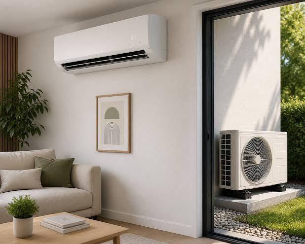 Unité intérieure de climatisation murale dans un salon et unité extérieure sur la terrasse