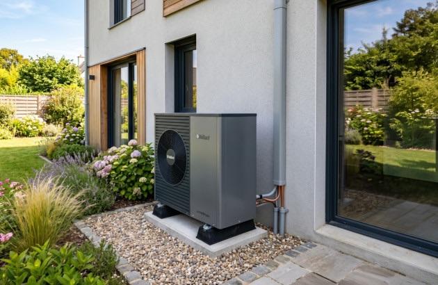Unité extérieure de pompe à chaleur air-eau installée devant une maison