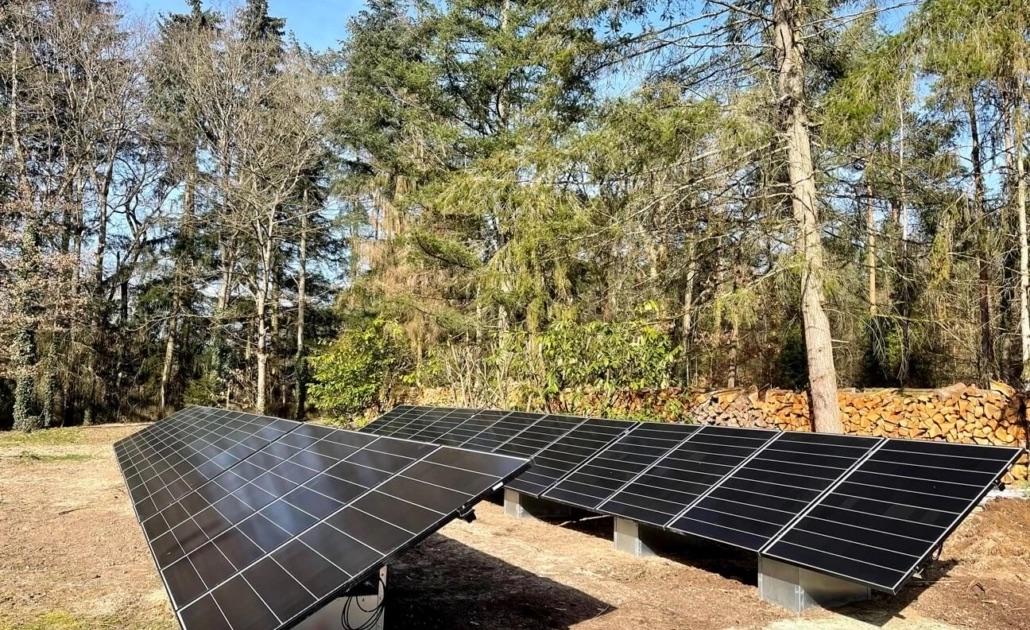 Rangées de panneaux photovoltaïques posés au sol en lisière de forêt